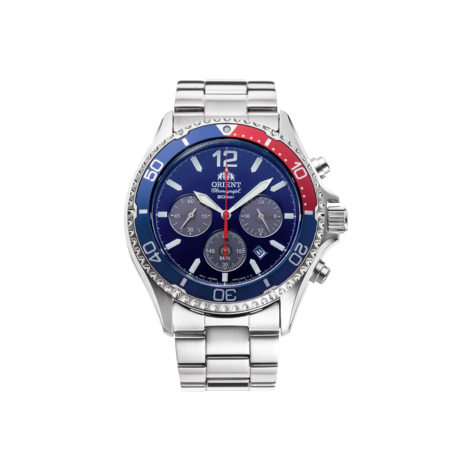 Orient Men's Analog Sports Chronograph Watch - Stainless Steel Design, Solar Quartz Movement, Blue Dial, Sapphire Crystal, 42.8mm Case, RA-TX0201L10B, Multifunction Wristwatch, Analog Watch, Date, Round Watch Face