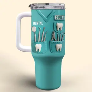 Personalized Dental Assistant Tumbler, 2D Printed 3D Effect Teal Scrubs Insulated Mug with Handle, Custom Name Dental Hygienist Tumbler for Dentists and Dental Assistants, Perfect Graduation Retirement Appreciation Gift for Dental Professionals
