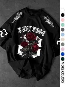 Men's Casual Sporty Short Sleeve Shirt, Rose Flower Print, Comfortable Round Neck T-Shirt for Outdoor Gym Shopping, Trendy Versatile Men's Clothing