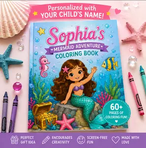 Personalized Mermaid Coloring Book for Kids | Custom Printed Name Coloring Book | 60 Pages