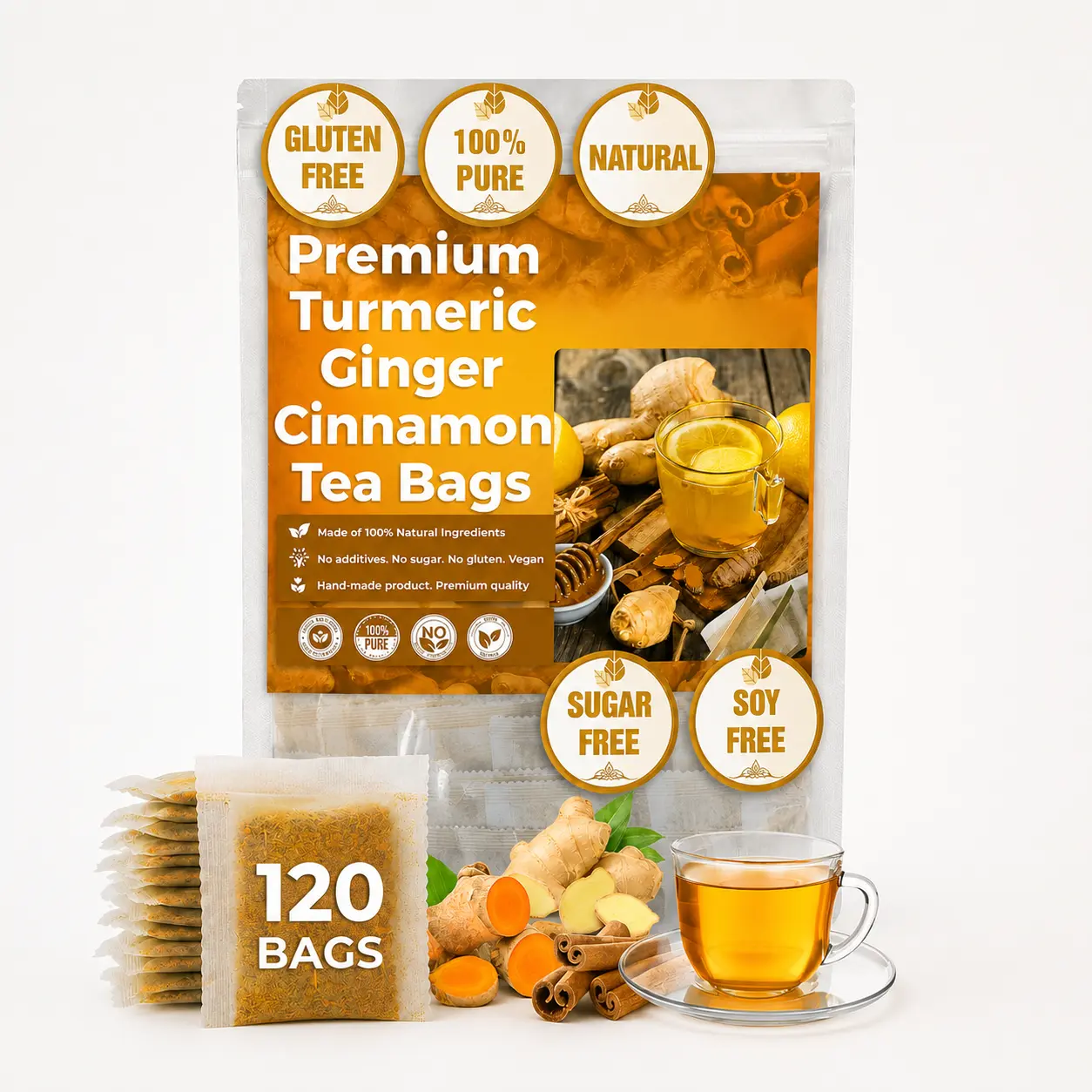 Turmeric Ginger Cinnamon Botanical Tea Blend - Premium Handcrafted Caffeine-Free Health Tea Bags, Soothing Warming Beverage, 120 Count, Natural Ingredients