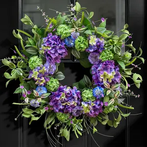 24 Inch Wreath for Front Door, Artificial Hydrangea and Thistle Flowers, and Summer Door Wreath with Lush Greenery, Summer Wreath for Indoor