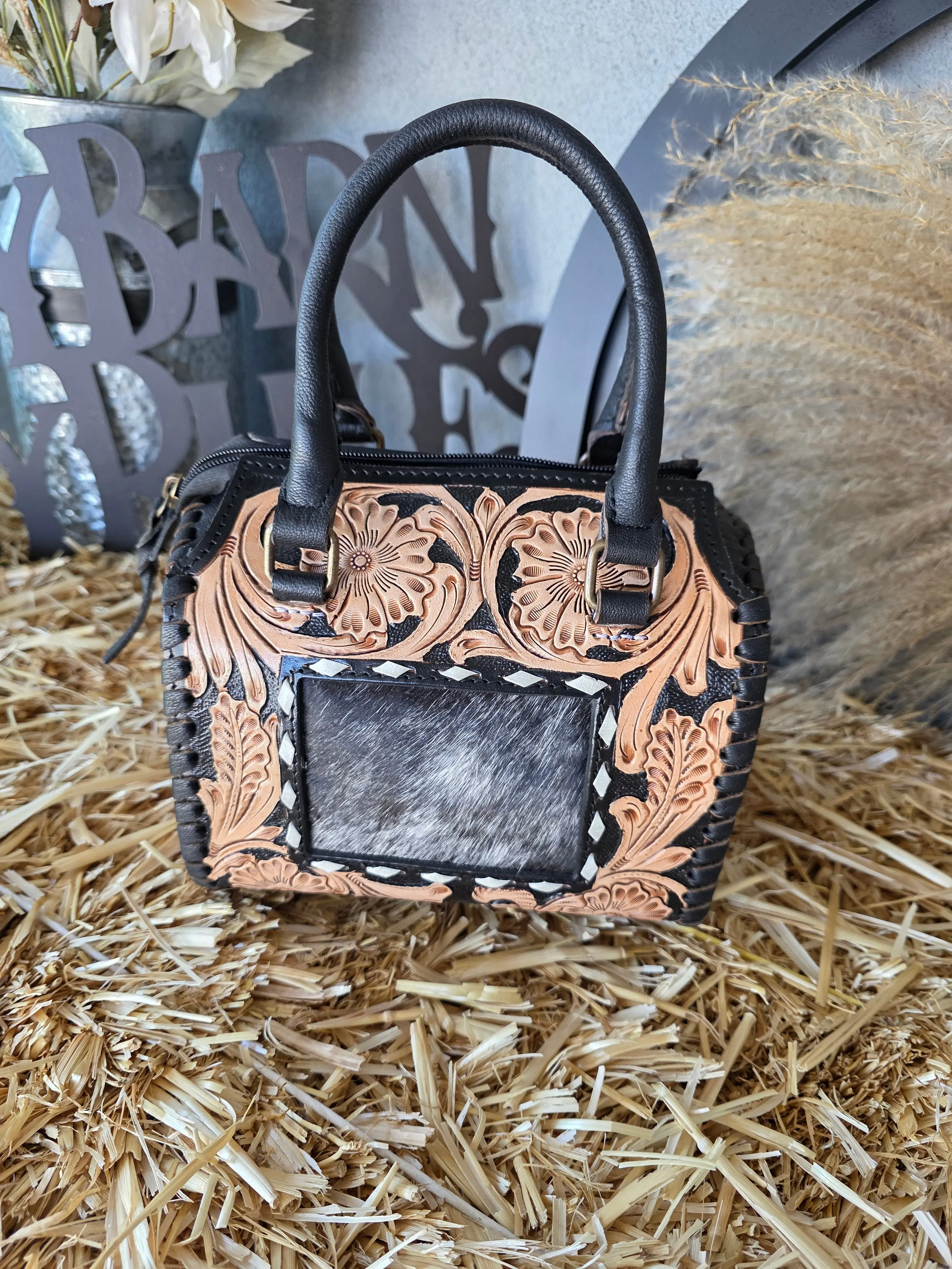 Mini Duffle bag with tooling with cowhide