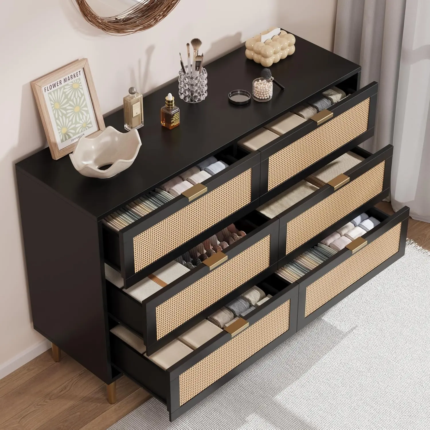 Black Rattan 6-Drawer Dresser, Modern Chest with Gold Legs & Handles, Large  Tabletop Area, 6-Drawer Capacity, Anti-Tipping Design for Bedroom/Living  Room - Black Wooden Storage Cabinet, Sideboard Cabinet, Six-Drawer Capacity  - TikTok