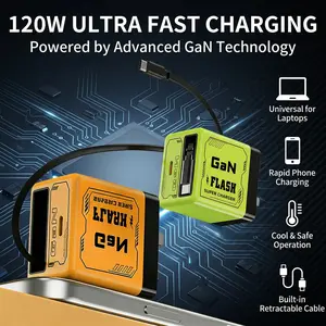 GaN 120W fast charger, USB C charger with retractable cable, travel charger for mobile phones and tablets