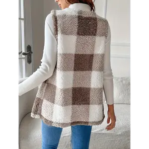 Buffalo Checked Print Front-pallet Teddy Bear Vest Jacket loose fit t-shirt loose-fit sweater flannel
