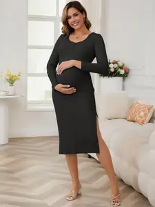 INSPIRE CHIC Women's Maternity Dress Split Bodycon Wedding Guest Cocktail Henley Button Midi Long Sleeve Pregnancy Dresses Black