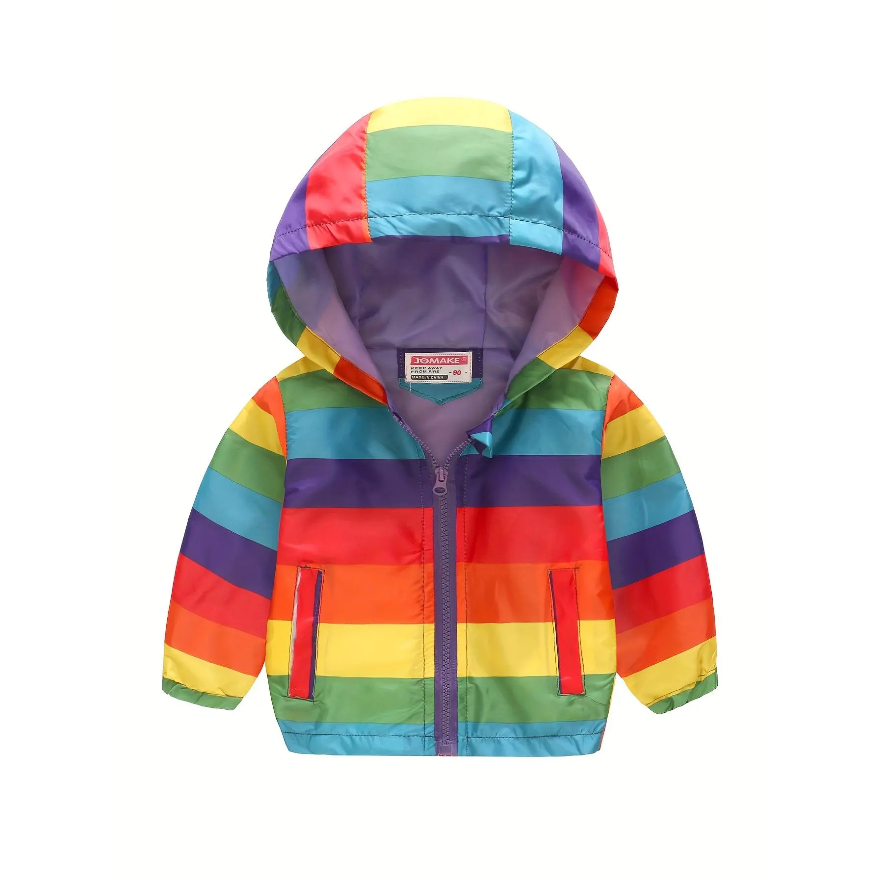 Girls' Lightweight Rainbow Stripe Windbreaker Jacket with Hood - Casual Polyester Zip-Up Outerwear with Pockets, Machine Washable for Spring/Fall
