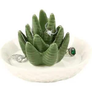 Ceramic Aloe Cactus Ring Holder Dish, Cute Ceramic Jewelry Trinket Tray, Aesthetic Vanity Decor, Christmas Birthday Gift for Women Girls