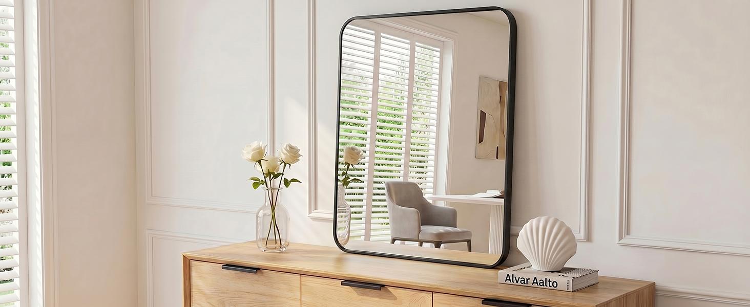 Bathroom Mirror for Over Sink,  Wall Mount Mirror with Rounded Rectangle and Matte Metal Framed, Modern Wall Vanity Mirror for Home Decor, Living Room, Bedroom, Black