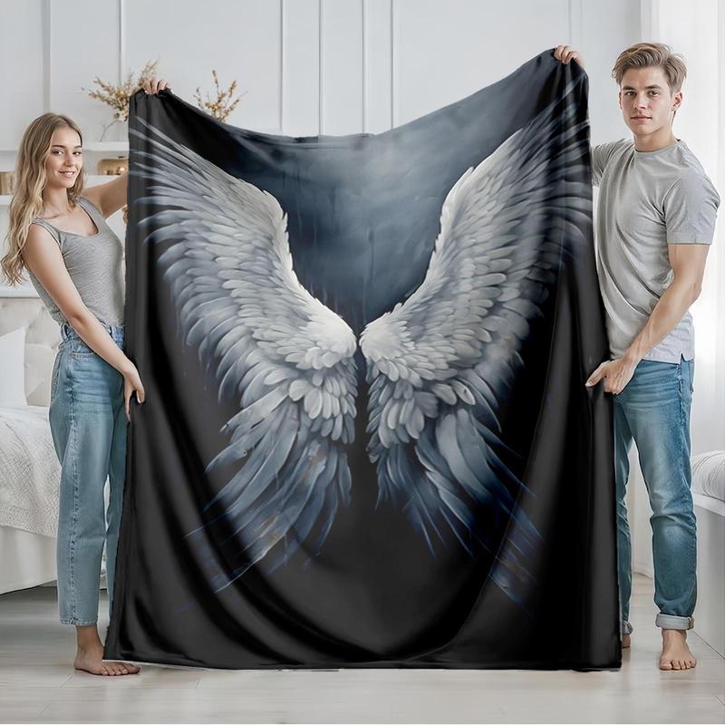 1 piece White angel wings beautiful feather design themed flannel blanket - Oversized fluffy warm sofa blanket, suitable for beds and sofas, modern geometric pattern design, all-season use, digital printing, 100% polyester material, machine