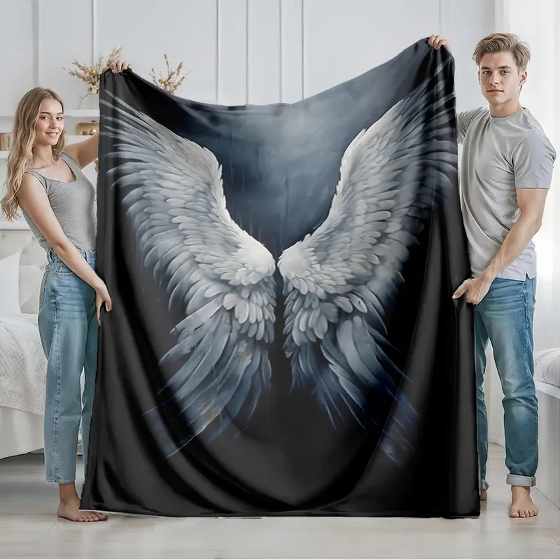 1 piece White angel wings beautiful feather design themed flannel blanket - Oversized fluffy warm sofa blanket, suitable for beds and sofas, modern geometric pattern design, all-season use, digital printing, 100% polyester material, machine