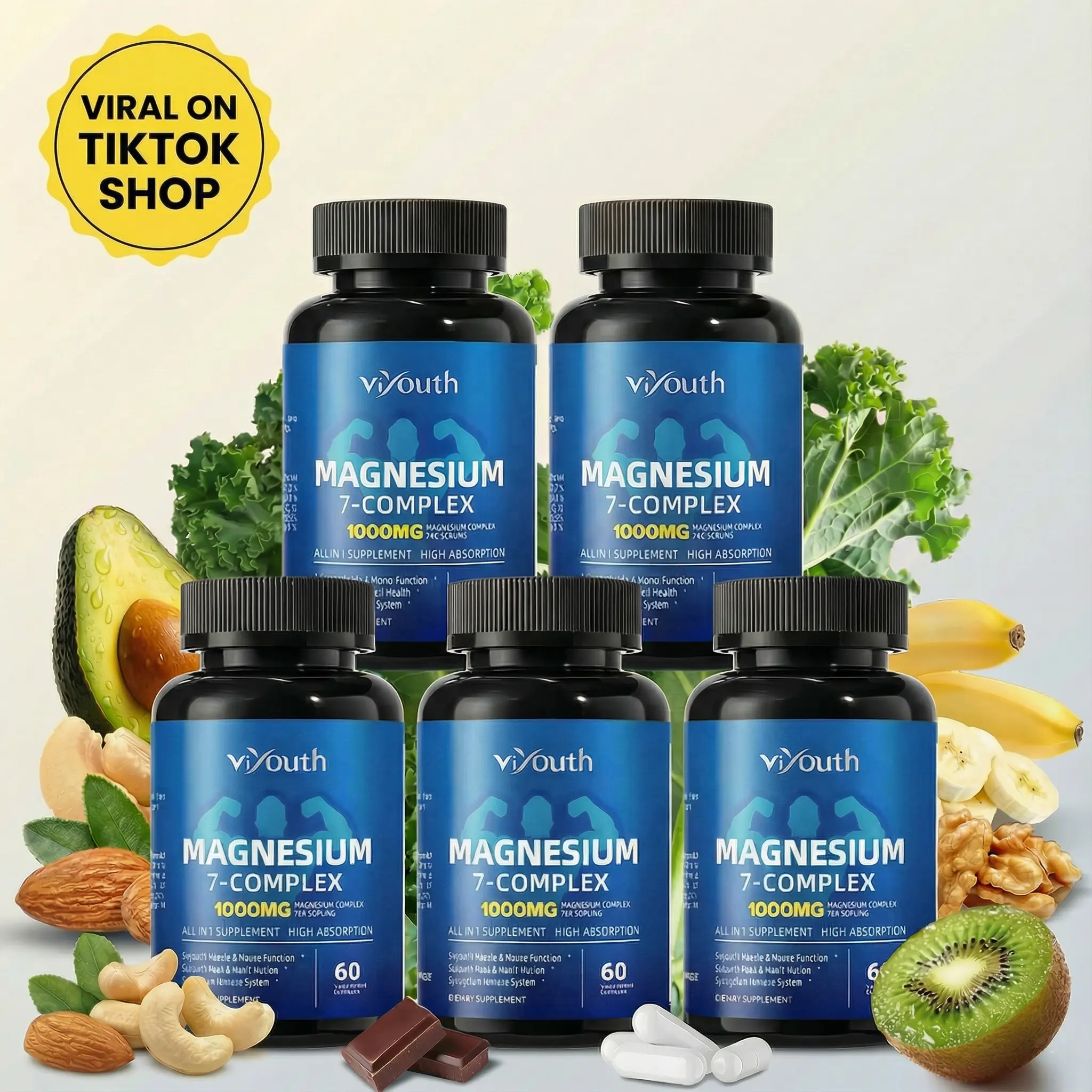 Viyouth Ultimate 5-Bottle Supply: 150-Day 1000mg 7-Form Magnesium + Zinc Complex – Your Complete, Long-Term System for Uninterrupted Sleep, Stress Resilience & Whole-Body Vitality – 3rd Party Tested