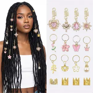 36PCS Pink Crystal Hair Jewelry Set | Gold Butterfly & Flower Loc Charms, Hair Cuffs & Pearl Clips for Braids, Women & Girls