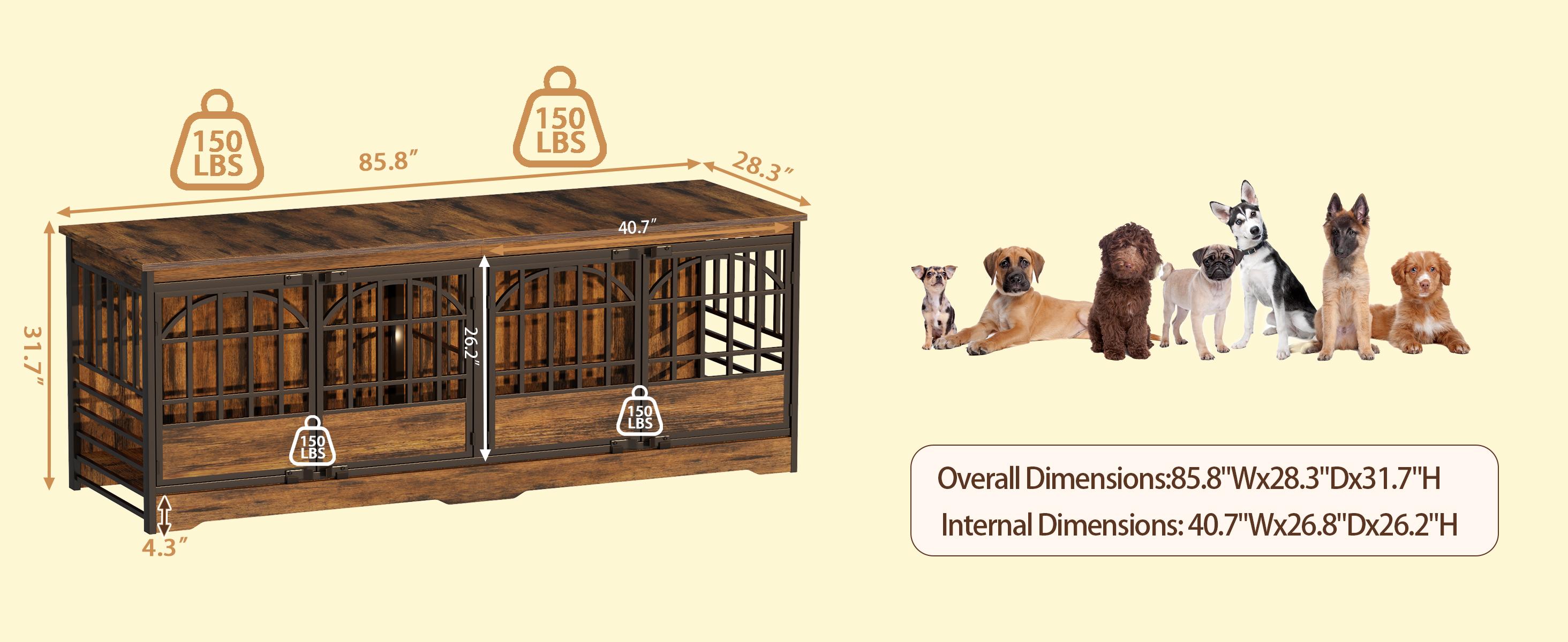 COZPAW 86 Inch Double Dog Crate Furniture for 2 Dogs, Decorative Dog Kennel Indoor TV Stand, Heavy Duty Wooden Dog Cage for Large Medium Dogs Sized Dog Pet House with Divider (Brown)