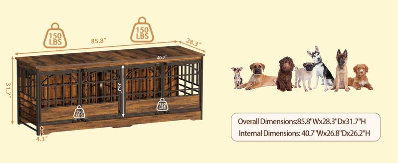 COZPAW 86 Inch Double Dog Crate Furniture for 2 Dogs, Decorative Dog Kennel Indoor TV Stand, Heavy Duty Wooden Dog Cage for Large Medium Dogs Sized Dog Pet House with Divider (Brown)