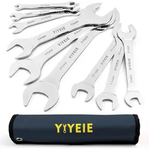 9Pc.-Thin Open End Wrench Set, Metric 5.5, 7, 8, 9, 10, 11, 12, 13, 14, 15, 16, 17, 19, 21, 22, 23, 24, 27 mm, CR-V, Flat Wrench Set with Roll-up