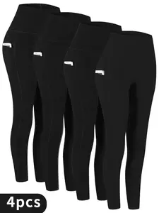 4-Pack High Waist Yoga Pants for Women, Polyester Cropped Sports Leggings with Pockets, Tummy Control Booty Lift, Breathable Knit Fabric, All-Season Athletic Pants