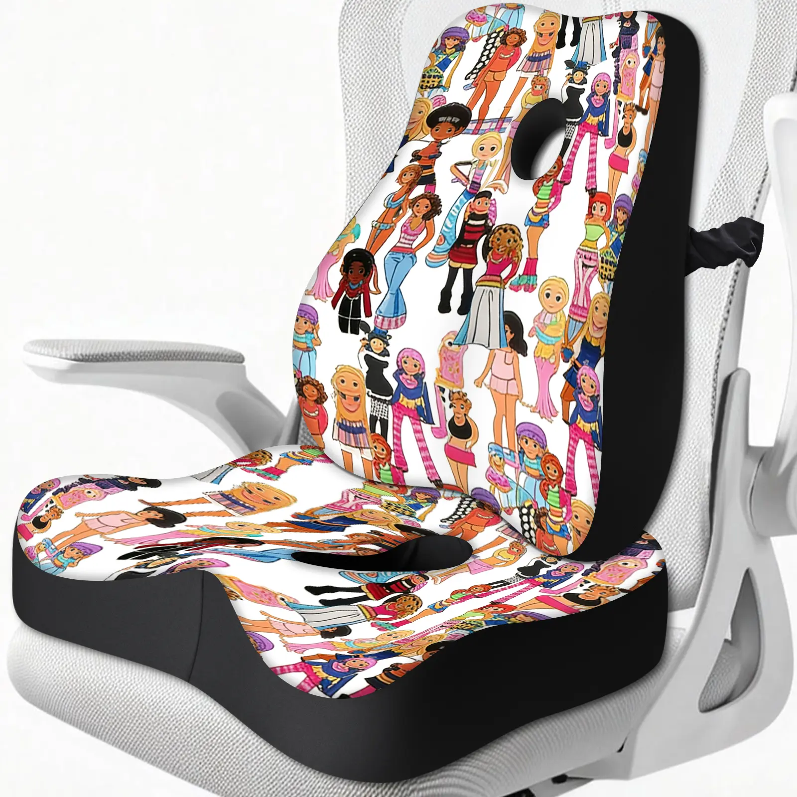 Y2K Cartoon Girl Printed Seat Cushion & Lumbar Support Pillow Set, Memory Foam Ergonomic Chair Cushions Relieve Tailbone & Hip Pain, Non-Slip Breathable Desk Chair Pad, Washable Cover for Office, Gaming Chair, Wheelchair & Home Use