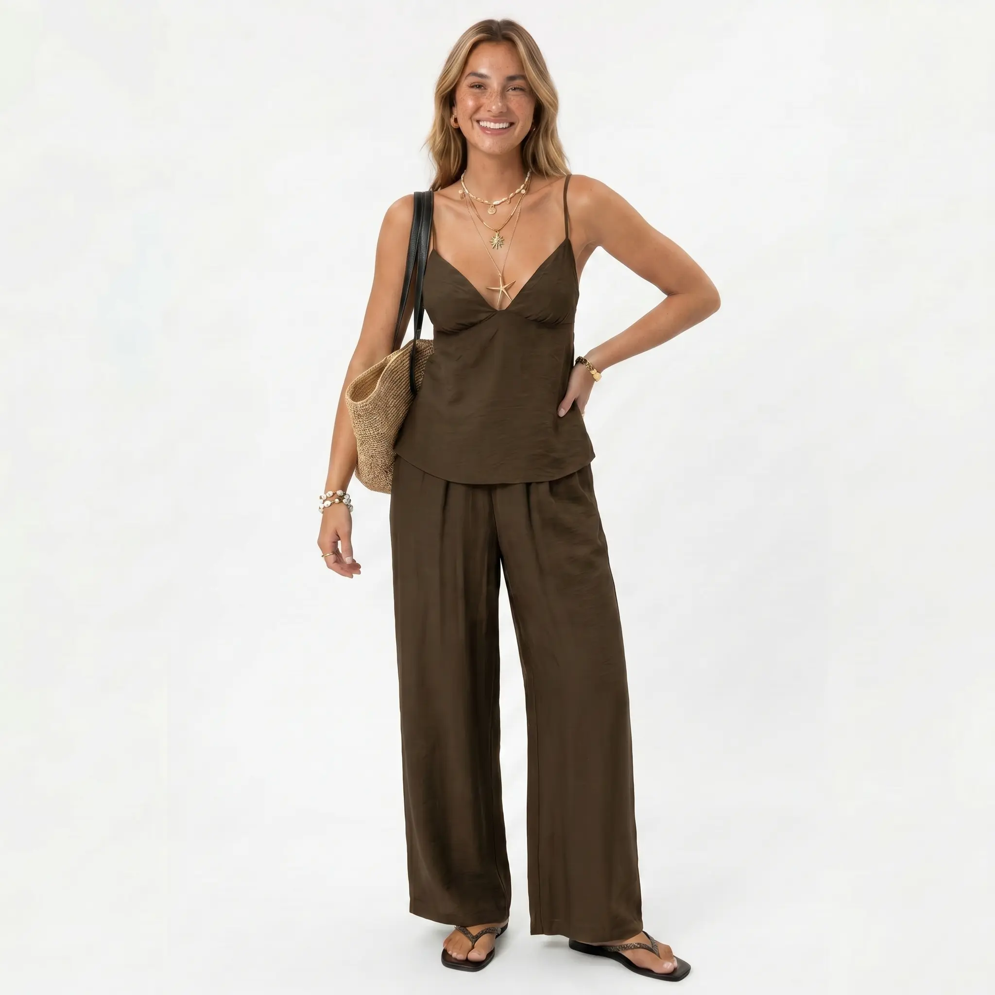 Fashion Womenswear Deep V Backless Crop Top and Wide Leg Pants women’s 2 piece set, Sleeveless Fitted H-Type two piece set, matching sets for women, summer outfits set for Vacation, Resort, Beach, Travel, Party and Daily Wear