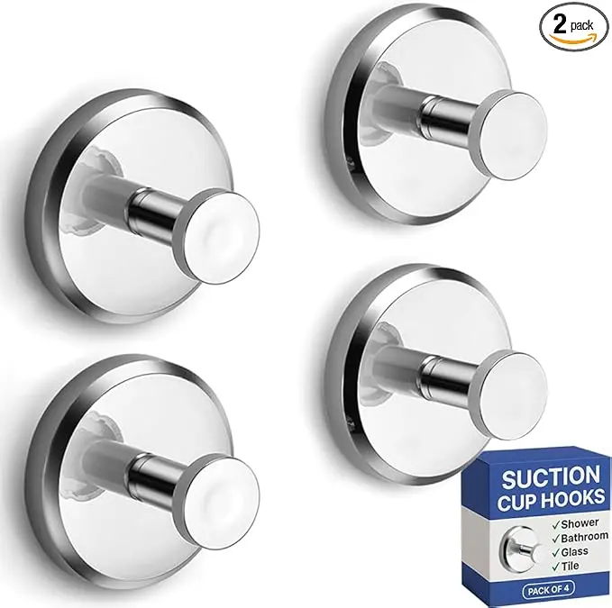 4-Pack Removable Suction Cup Hooks, No-Drill Chrome Hanging Hooks for Towels, Robes, Loofahs & Kitchen Utensils, Reusable Hooks for Glass, Window, Mirror & Smooth Tile