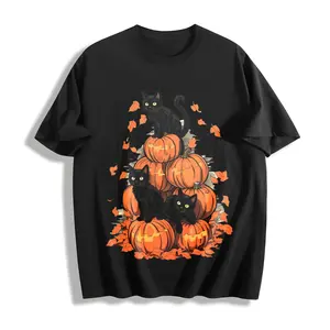 Halloween Women's Holiday Costume Pumpkin Tower with Cat Print Round Neck One-Piece Summer Short Sleeve T-Shirt, Comfortable Soft Fashionable Elegant Vintage Casual Versatile Spring Summer Autumn Winter Sporty Top, Multiple Colors Available S-XXL