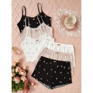 Women’s Halloween-themed ditsy floral print cami top and lettuce-trim shorts pajama two-piece set, summer outfits 2024, casual comfortable loungewear set, ladies sleepwear for all seasons, fall outfits 2024