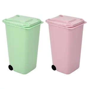 2-Pack Plastic Mini Trash Bin with Swing Top Lid, Desktop Storage Bin & Pen Holder for Car Interior, Bedroom (Pink & Green, 22 Fl Oz)