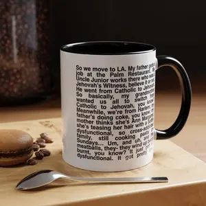 [Sale Up To 50%] Queen of Melrose “My Father Gets a Job at the Palm Restaurant” Mug, Funny Story Paragraph Ceramic Mug, Minimal Black Text Cup, Unique Gift, 11oz ceramic accent mug