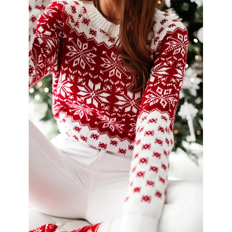 Women's Christmas Snowflake Knit Sweater Fair Isle Crew Neck Pullover Red White Festive Jumper Long Sleeve Top for Fall Winter Holiday Party Casual Daily Wear-DTY