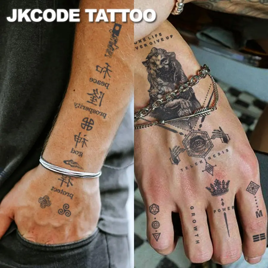 2-Piece Dual-Purpose Tattoo Set, Lucky Concept Lion Statue Roman Numeral Herbal Temporary Tattoos, Fake Tattoos, Long-Lasting 15 Days, Unisex Neck Hand