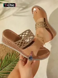 Women's Bohemian Style Hemp Rope Wedge Sandals, Casual Trendy Sandals, Lace-Up Hollow Out Imitation Suede Design, Summer Open-Toe Beach Commute Casual Shoes