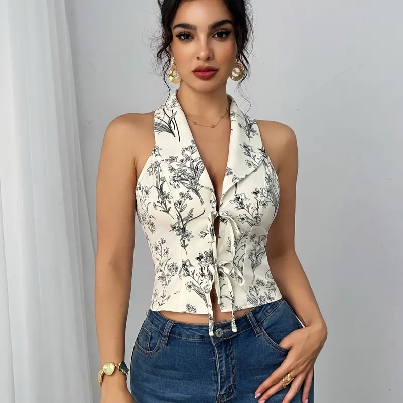 Women's Floral Tie Back Tank Top, Camisole Tank Tops, Sexy Drawstring Design, Summer Beach Vacation Style, Bohemian Party Wear, Sleeveless Long Fitted Shirt, Womenswear
