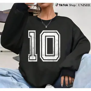 Casual Womens Long Sleeve Top with Bold White Number Ten on Black