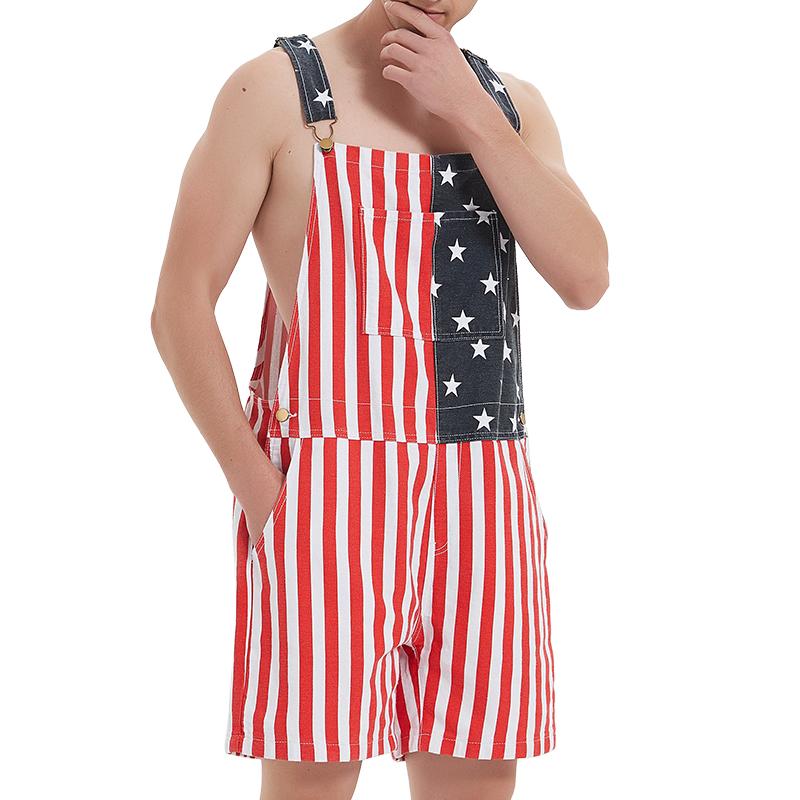 OPDNBON American Flag Overalls Men and Women Stretch Denim Bib Shorts USA 4th of July Outfit with Zipper