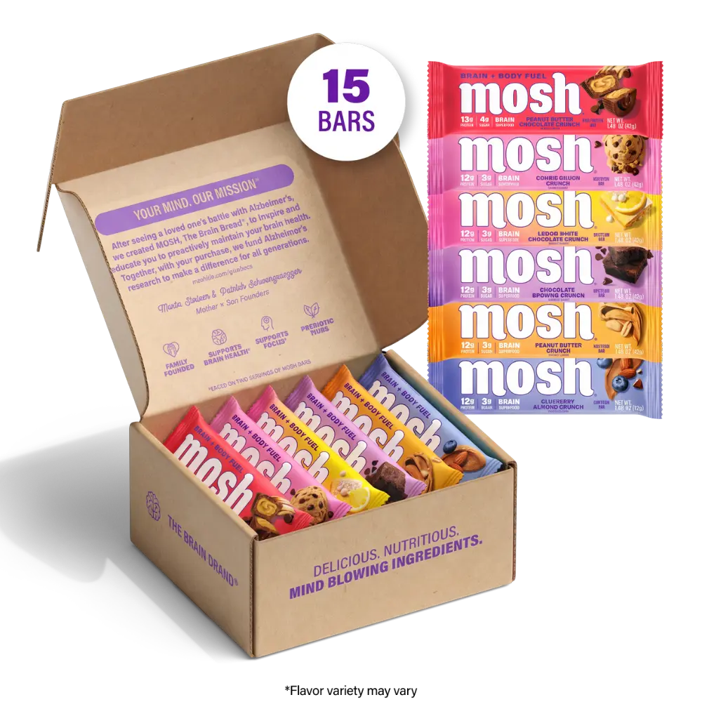 MOSH Best Sellers Variety Pack - 15 High Protein Bars (Chocolate, Cookie, Peanut, Almond Flavors) - Lower Sugar, High Fiber, Keto-Friendly, Gluten-Free, 6+ Brain Nutrients (Including Cognizin) - Mission-Focused, Gives Back, Ideal for Cupboard Storage