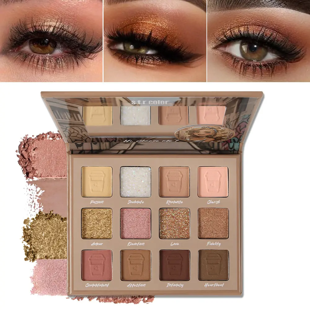 12-shade nude rose eyeshadow palette — matte and shimmer finishes, highly pigmented, long-wearing, blendable eye makeup kit with mirror and brush; beginner-friendly for daily work and party use; contour.
