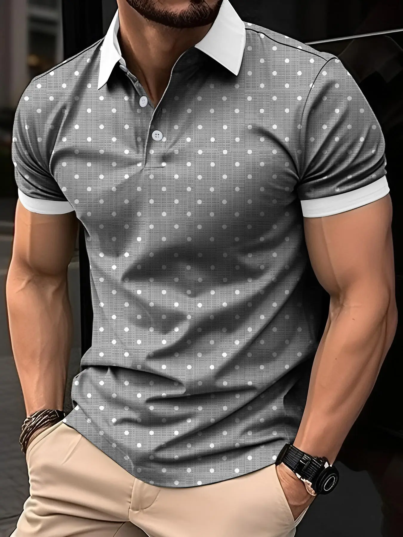 Men's Regular Fit Polka Dot Print Contrast Binding Polo Shirt, Polo Shirts Men, Casual Short Sleeve Button Front Top for Spring & Fall, Fashion Men's