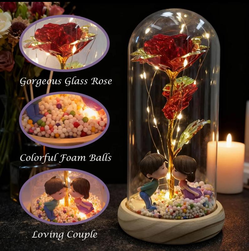 Valentine's Day simulation gilt roses, creative wooden base glass cover with couple dolls, colorful foam balls, AA battery power supply, gift box packaging suitable for Valentine's Day gifts, romantic night lights in home bedrooms