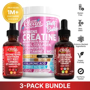 Clean Nutra Daily Performance Trio | Creatine, Cayenne Pepper, Berberine, Beet Root, BCAAs for Strength, Circulation & Wellness Support [Vascu Glow Liquid Drop + Shelf Builder Powder + Gluco Tone Liquid Drop]
