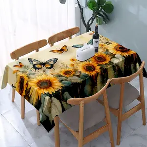 1 piece of sunflower and butterfly printed tablecloth Picnic Table Cover - rectangular, washable polyester tablecloth with vivid floral design, suitable for home, picnic, camping, wedding, birthday party, restaurant and buffet - kitchen decoration