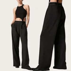 Women High Waist Pleated Wide Leg Pants, Contrast Trim Elastic Waist Casual Trousers for Everyday Wear the rookie  tracksuit lady