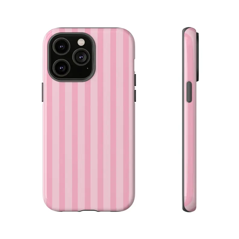 VICTORIA Glossy Polycarbonate Rubber Shockproof Cellphone Case - Light Pink Striped VS-Inspired Custom Cover, Preppy Coquette Cute Handheld Devices Accessory with Impact Protection for iPhone