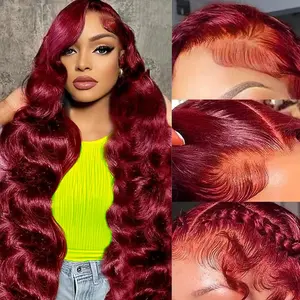 99J Burgundy 13x6 Hd Transparent Lace Frontal Wig Pre plucked Straight /Body Wave Lace Front Wigs Human Hair For Women 180% Density