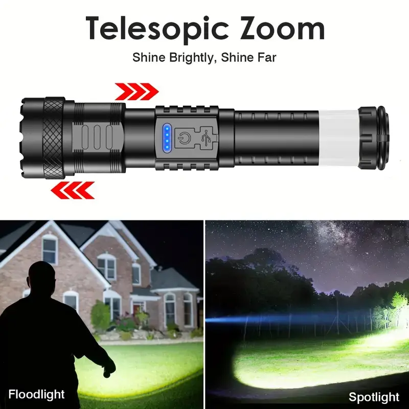 Strong Light Flashlight, Waterproof Rechargeable, Emergency Lighting White Flashlight with Red and Blue Alarm Lights, COB Work Light, Mountaineering Garage Lighting Fishing Garden Lighting Road Lighting, Gift
