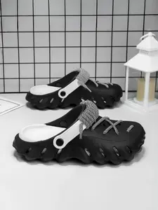 1 Pair of Couple Style Color-Block Trendy Clog Sandals| Edgy Fashion Style | Multiple colors available+ Chunky Rope Laces + 3D Texture | Street Snaps / Fashion Looks / Camping, Unique & Stylish Slides