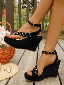 Women's Black Rivet Studded Ankle Strap Wedge Sandals, Open Toe Platform High Heel Fashion Flip Flops