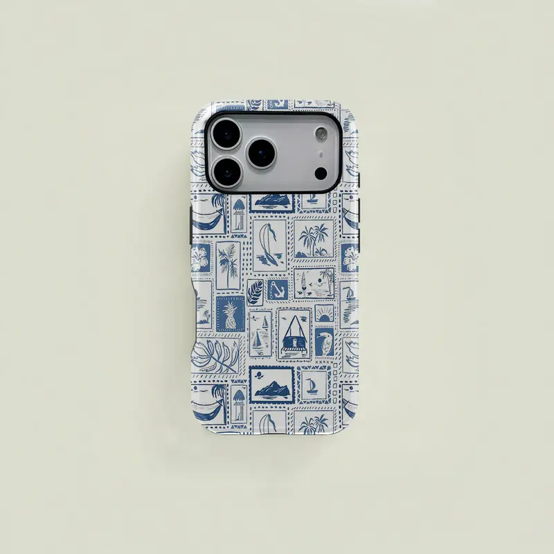 Blue and white retro nautical patchwork pattern protective case, sturdy and durable 2-in-1 case, compatible with iPhone 17/16/15/14/13/12/11 Pro Max/Plus/Pro, Samsung Galaxy S26/S25/S24/S23 Ultra series, simple and stylish phone case.