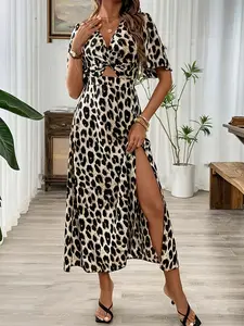 Leopard Print V-Neck Cutout Maxi Dress with Slit - Women's Casual Chic Party Dress