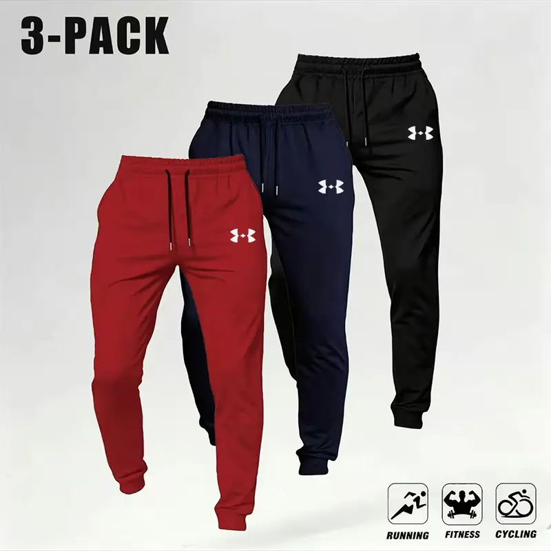 Men’s 3‑Pack Casual Loose Joggers – Soft Knit Stretch Fabric Sweatpants with Pockets, Barbell Print, Retro Street Style Sportswear, Autumn Fitness Base Layer, Men’s Sweatpants, sohochic
